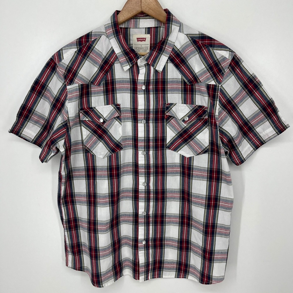 Levis Mens Large Western Pearl Snap Short Sleeve Plaid Shirt Red White Blue